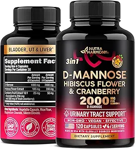 D-Mannose 2000mg with Cranberry & Hibiscus - Clinically Tested Strength for Urinary Tract Health - Supplement for Women - Bladder, Liver & Microflora Support - Made in USA - Vegan, 120 Capsules