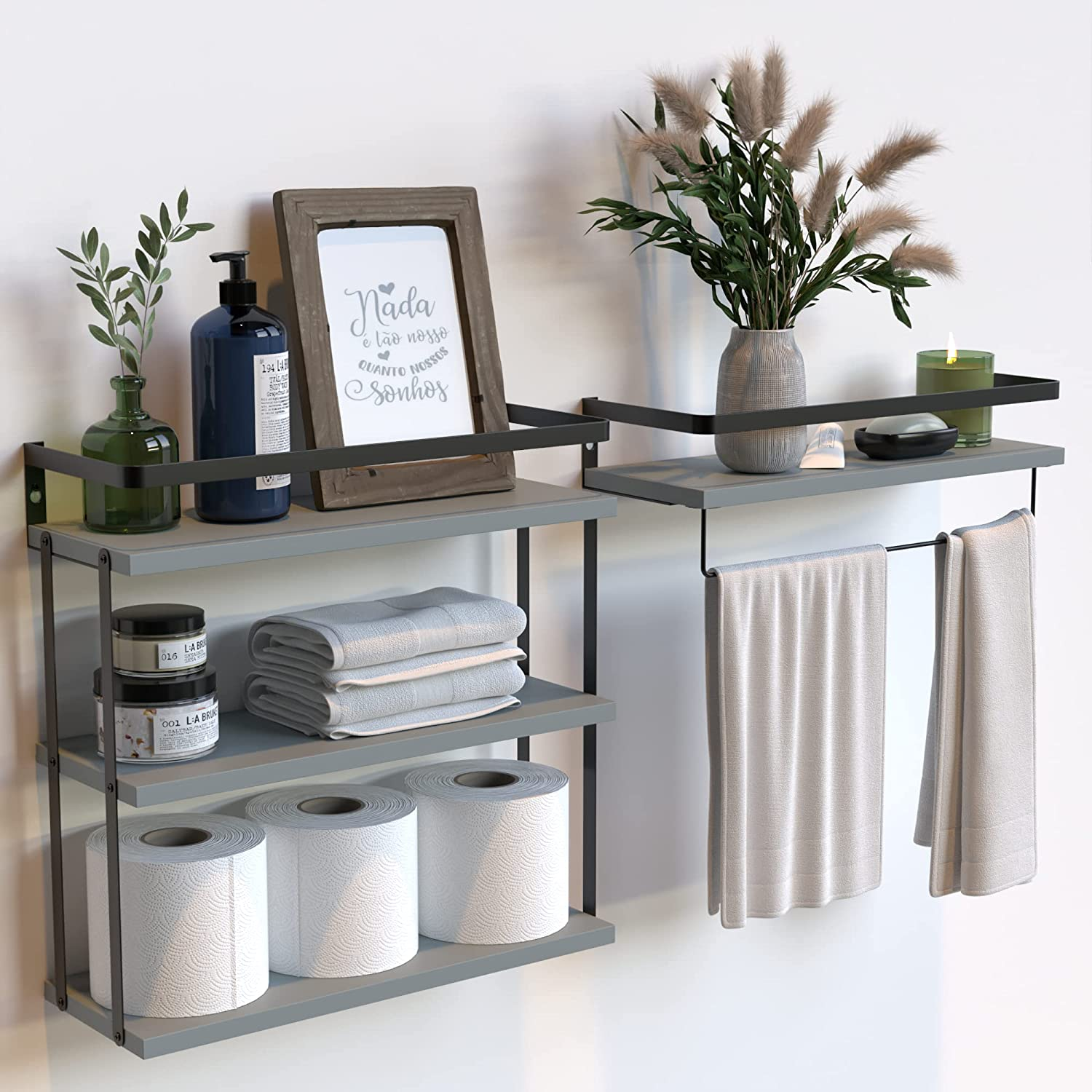 Wall Mounted Floating Shelves Rustic Wood Shelf Metal Frame Extra Storage Rack