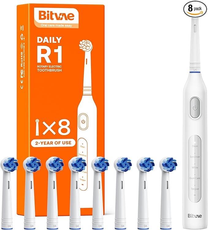 Bitvae R1 Rotating Electric Toothbrush for Adults and Kids with 60-Day Battery Life, 8 Brush Heads Rechargeable Power Toothbrush, 5 Modes, Brushing Timer, White