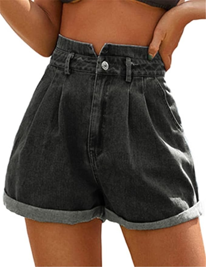 JASAMBAC Women's High Waisted Denim Shorts Rolled Hem Wide Leg Casual Jean Shorts with Pockets