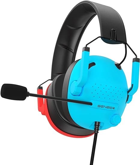 SENZER SG500 Surround Sound Pro Gaming Headset with Noise Cancelling Microphone - Soft Memory Foam Padding - Portable Foldable Headphones for PC, PS4, PS5, Xbox One, Switch - Red&Blue