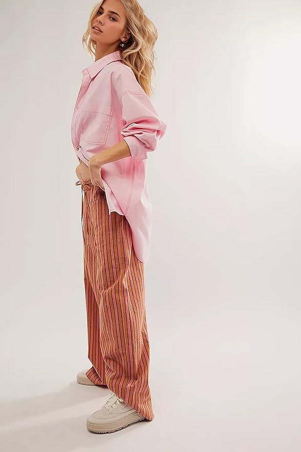 AIHUKOCY Women Drawstring Stripe Wide Leg Casual Trousers Striped Low Rise Casual Loose Lounge Pants with Pockets