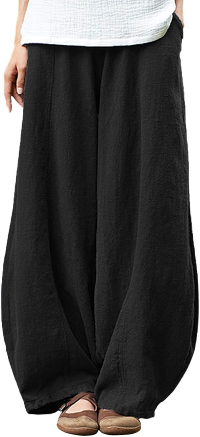 IXIMO Women's Casual Cotton Linen Baggy Pants with Elastic Waist Relax Fit Lantern Trouser
