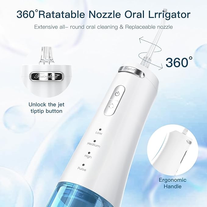 Cordless Water Flosser for Teeth, FAIRYLOVE Powerful 300ML Oral Irrigator with 4 Pressure Modes and 4 Replaceable Jet Tips, Rechargeable Water Dental Flosser Picks for Teeth Cleaning and Flossing