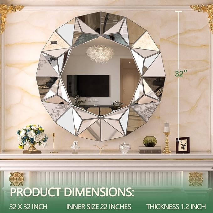 Hasipu Wall Mirrors Decorative, 32" Mirror Wall Decor, Beveled Edge Frameless Wall Mount Round Mirror for Living Room