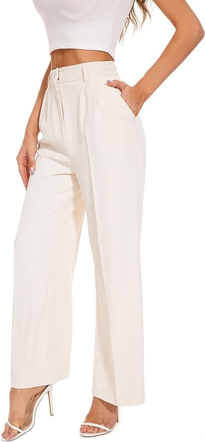 KICZOY Women's Wide Leg High Waist Wide Leg Pants Loose Fit Back Elastic Waist Pleated Front Trousers for Work Casual Black