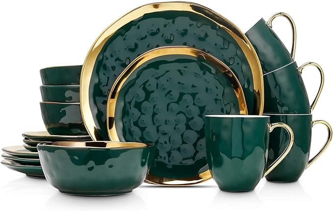 Stone Lain Porcelain 16 Piece Dinnerware Set, Service for 4, Green and Golden Rim