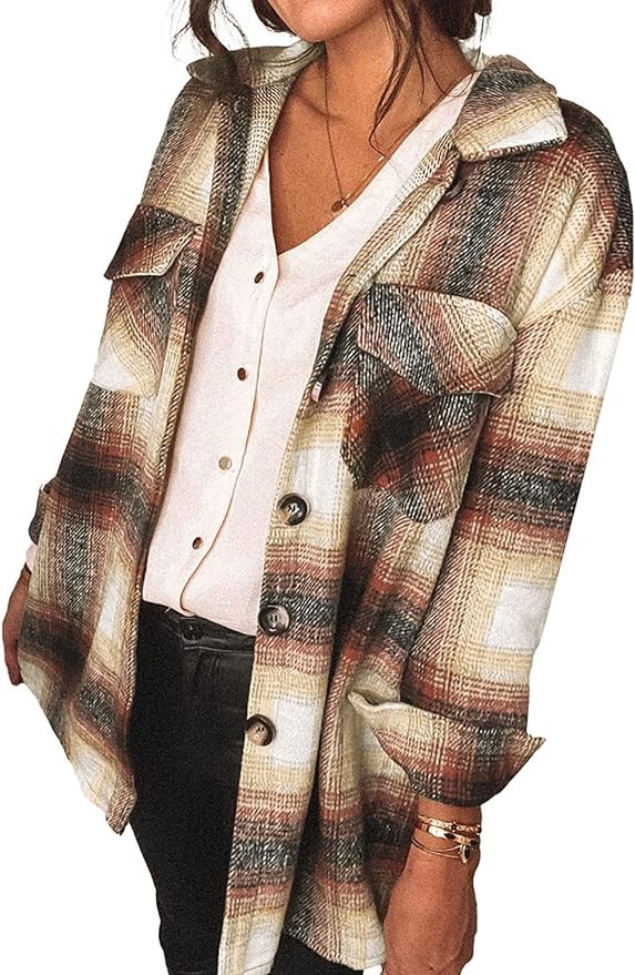 PRETTYGARDEN Women's 2024 Fall Clothes Plaid Shacket Jacket Long Sleeve Button Down Flannel Shirts Fashion Blouse