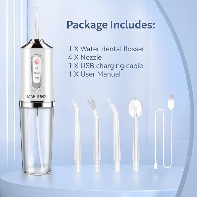 Water-Flosser-Cordless-Teeth-Cleaner MAKJUNS Water Dental Flosser with 3 Modes 4 Jets Rechargeable IPX7 Waterproof Dental Oral Irrigator for Travel Home Braces(Classic White)